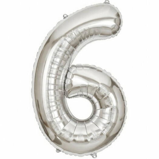 Серебряный фольгированный шар-цифра шесть (наполнен гелием)