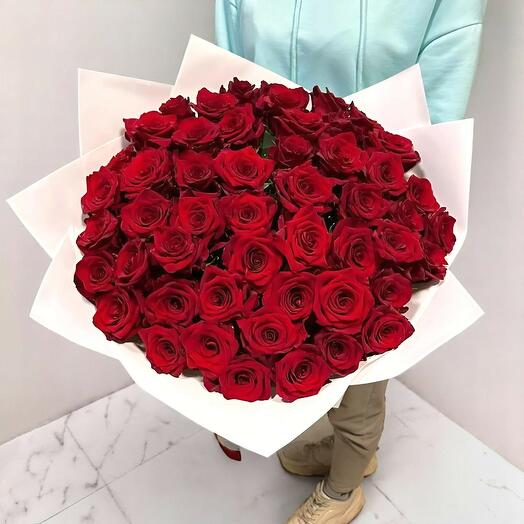 Nher Bouquet with 59 Red Roses – Romantic Red Rose Arrangement in White Wrapping