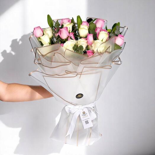 Get Well Soon Bouquet – Pink   White Roses with White Lilies and Eucalyptus
