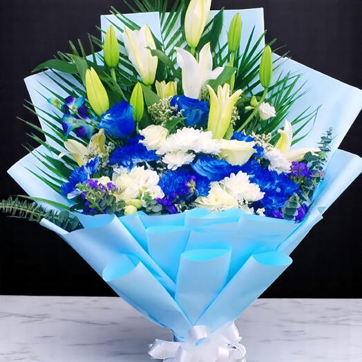 Elegant Blue   White Lily Bouquet – Fresh Floral Arrangement in Sky Blue Wrapping