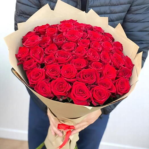 51 Red Roses Bouquet – Romantic Hand-Tied Arrangement with Craft Wrapping   Satin Ribbon