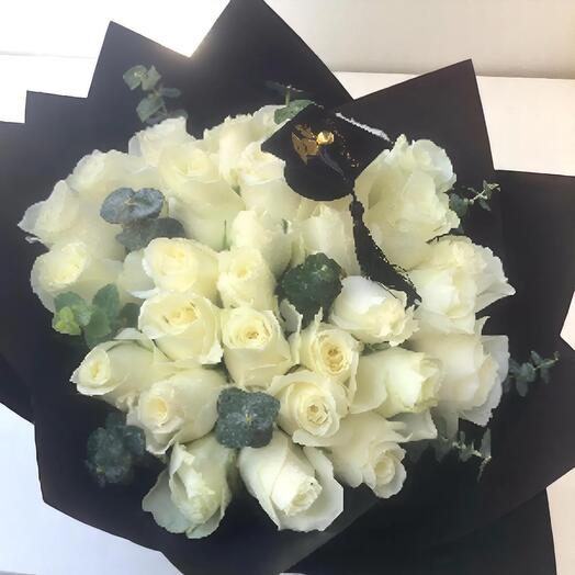 White Pearl – Elegant White Rose Graduation Bouquet