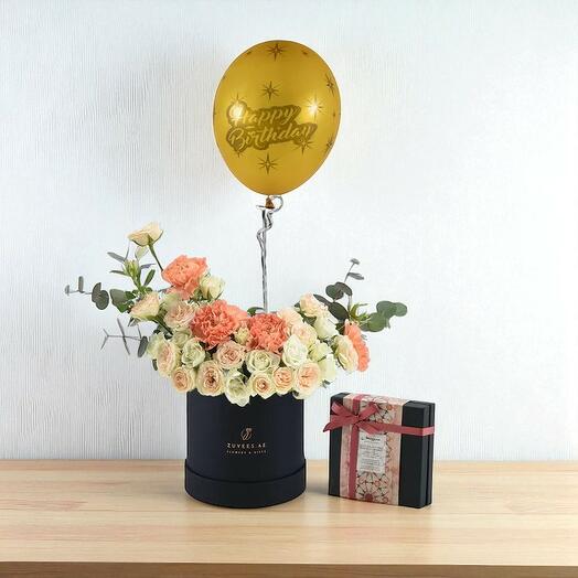 Коралловый иней в черном – Блум-бокс на день рождения с шоколадом Mirzam   Воздушный шар