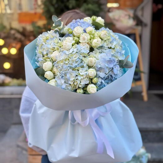 Charming Sky Blue Hydrangea With White Rose Bouquet