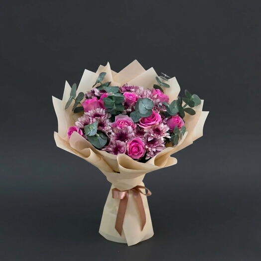 Amethyst Grace: Mother s Day Luxury Box of Pink Roses, Double Purple Chrysanthemums   Eucalyptus