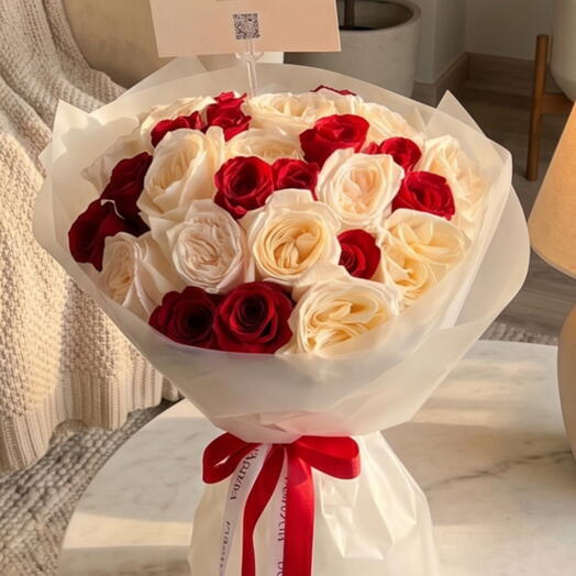 سحابة قرمزية ملكية: باقة الورد الأحمر والأبيض جراند لوكس