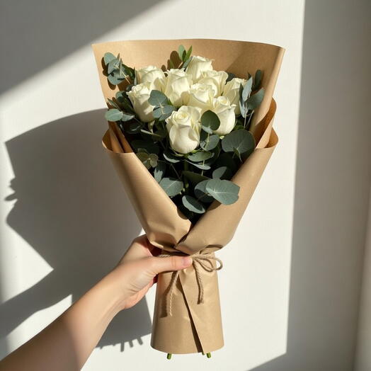 Beautiful Madison – White Rose Bouquet with Eucalyptus