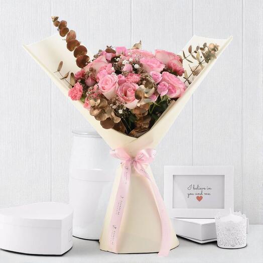 Pastel Charm – Blush Pink Rose Bouquet with Gold Accents in Peach Wrapping