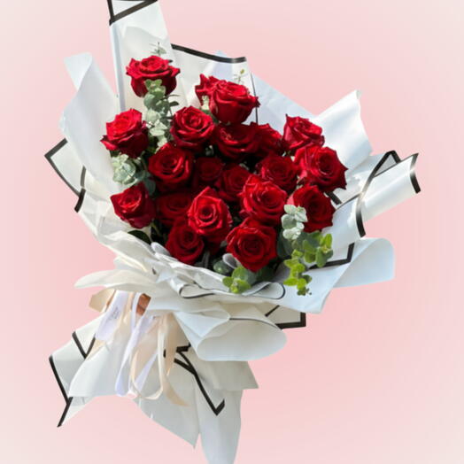 The flower of love:15  red rose, 5  eucalyptus