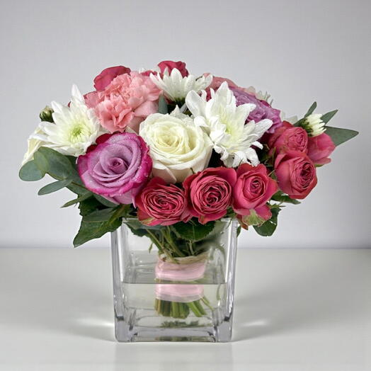 Mixed Roses   Carnations Vase | Pink, White   Purple Blooms | Dubai Delivery
