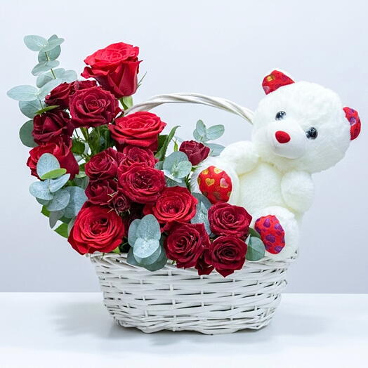 Sweetheart Treasure – 15 Red Roses with Teddy in a Basket