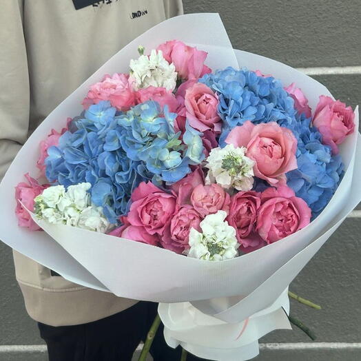 Pink Julietta and Blue Hydrangea Bouquet