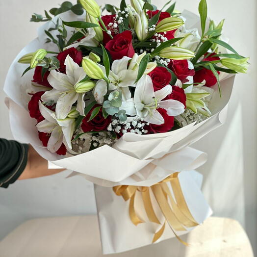 Bouquet of 21 Red Roses   10 White Lilies  Elegant Floral Gift