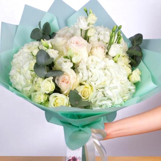 Elegant White Rose   Hydrangea Hand-Tied Bouquet – 21-Stem Luxury Flower Arrangement with Eucalyptus