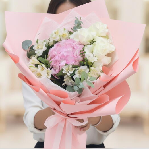"Букет из розовой гортензии и белых роз | Blushing Grace Дубай"