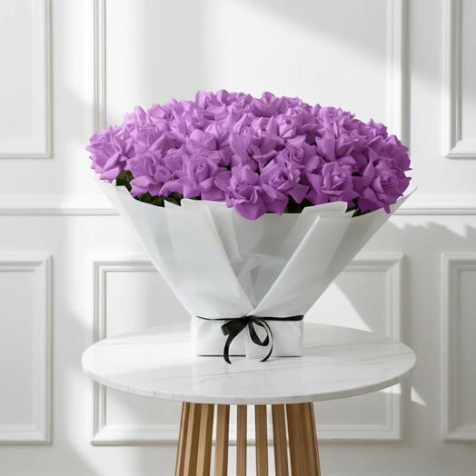 Stormchaser – 51 purple roses in white wrap | luxury purple bouquet | birthday gift | anniversary flowers | premium bouquet
