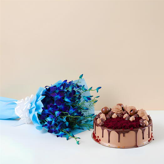 Blue Orchid with Red Velvet Cake