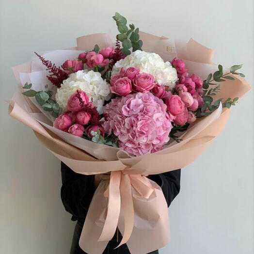 White serenity: white hydrangea, pink hydrangea ,fuchsia pink baby rose, eucalyptus