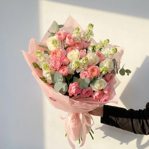 Petal Haze – Elegant Peach   White Rose Bouquet with Matthiola