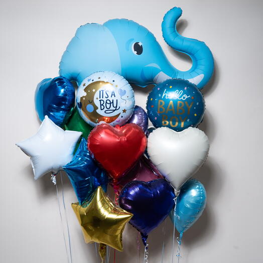 Набор фольгированных шаров «It's a Boy» и «Hello Baby Boy» — голубой слонёнок 7510