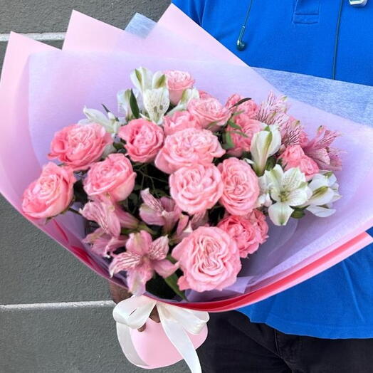 Pink Peony Roses Bombastic Bouquet And Alstroemeria