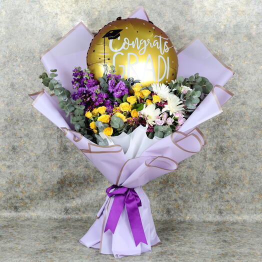 Graduation Celebration Flower and Balloon Bouquet