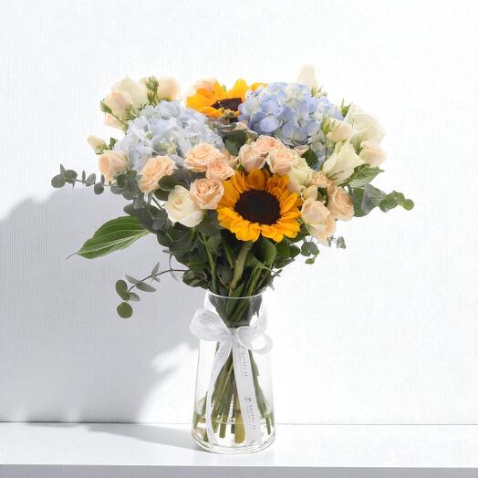 Summer Sky Radiance Vase – Sunflowers, Hydrangeas   Roses in a Glass Vase