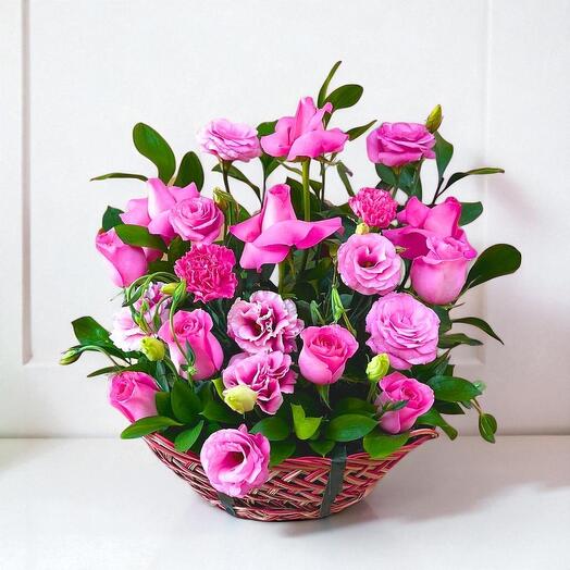 Basket of Pink Blooms – Elegant Pink Roses, Carnations   Lisianthus in Woven Basket