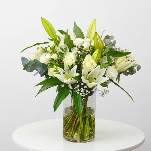 Heavenly Hues | All-White Vase Arrangement with Lilies, Roses   Carnations