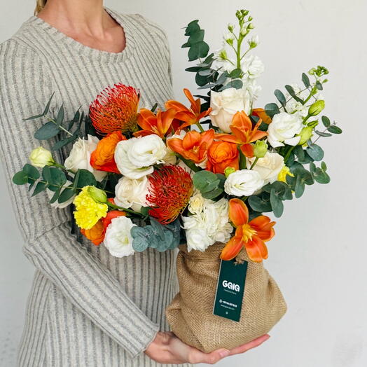 Fresh Sunset Orange Tulip White Hydrangea Luxe