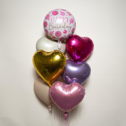 Happy Birthday With 6 Heart Foil Balloons Set  7380