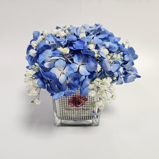 Blue Hydrangea Small Glass Vase Arrangement HPF232