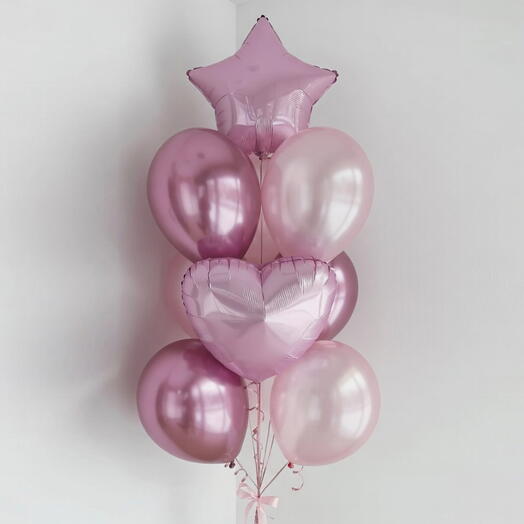Нежно-розовый букет воздушных шаров «Звезда» и «Сердце»