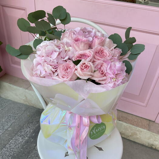 Pink Beauties of Garden Roses Hydrangeas and Eucalyptus