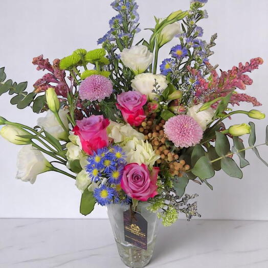 Velvet Sensations Vase with Purple Roses, Hydrangea   Eucalyptus – Elegant Mixed Flower Arrangement