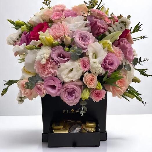 Romantic Pastel Flower Box with Roses, Lilies, Carnations   Belgian Chocolates – Elegant Gift Set