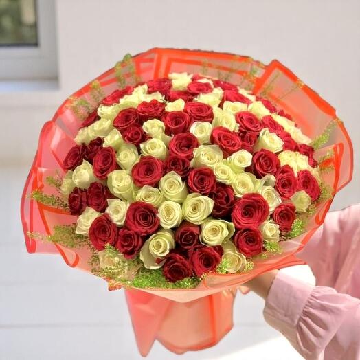 True Love Red and White Rose Bouquet | 100 Fresh Roses | Romantic Gift for Anniversary, Birthday, or Special Occasions
