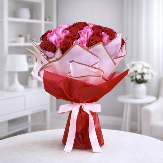 Ruby Blush Grandeur – 51 Mixed Roses Bouquet