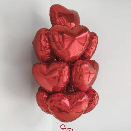 Набор из 10 гелиевых фольгированных шаров в форме сердца (красные)