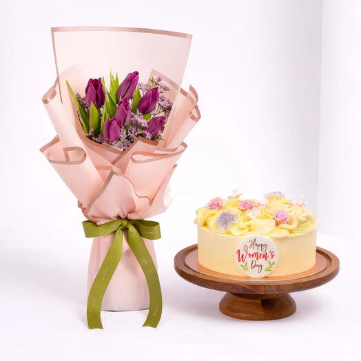 Womens Day Floral Cream Cake And Tulip Bouquet