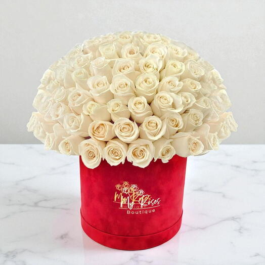 Красная бархатная коробка с 100 белыми розами