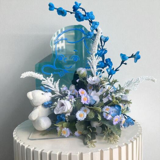 Baby Boy Acrylic Flower Arrangement with Teddy Bear – Newborn Gift Decoration