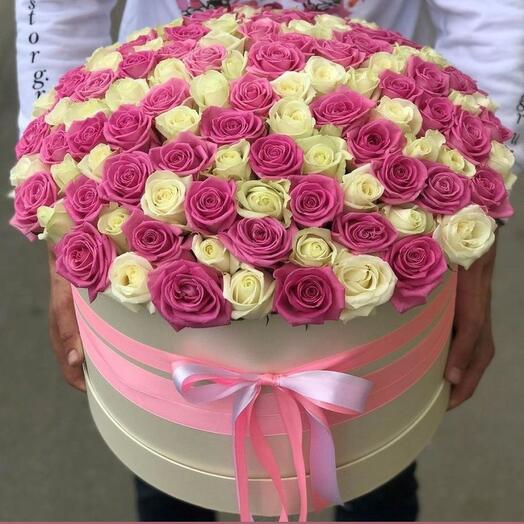 Pink and White Roses Flowers Box -  101 Roses