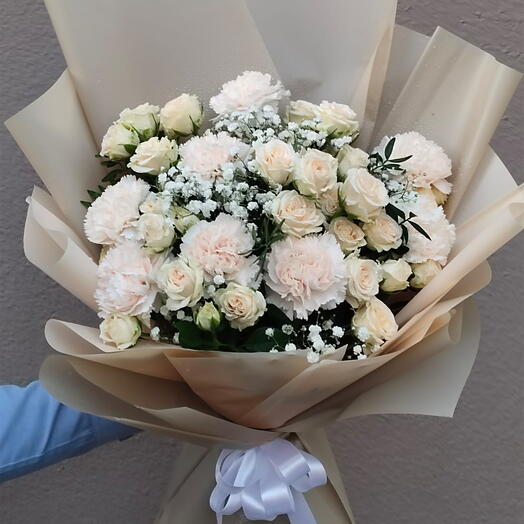 Peach Blossom Bouquet ;Bouquet of 8 peach carnations, 5 peach spray roses