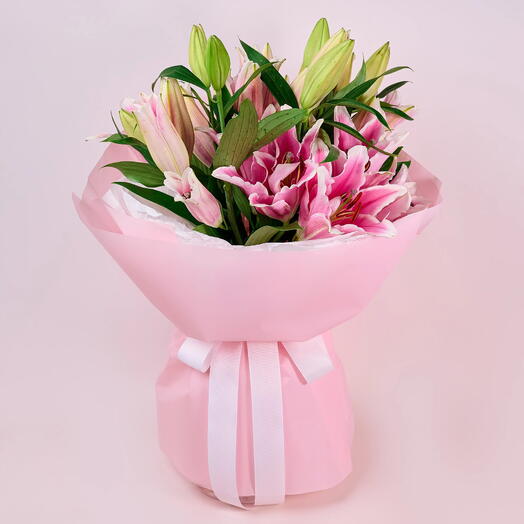Lovehunter – 20 pink lilies in white wrap | luxury pink bouquet | birthday gift | anniversary flowers | premium bouquet