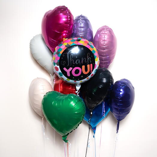 Набор из 10 разноцветных фольгированных шаров в форме сердца «Спасибо»  7471