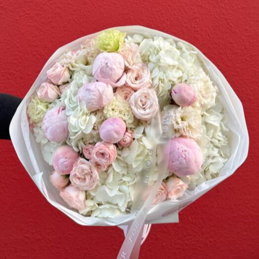 Blush Enchantment: Bouquet of Hydrangea, Peony, Roses and Eustomas