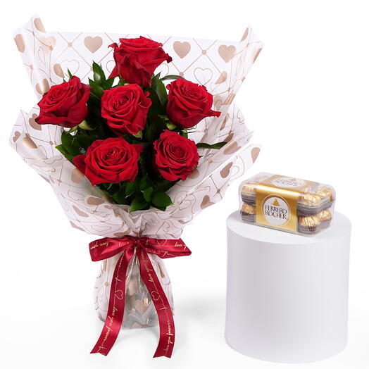 Букет «6 роз любви» с набором Ferrero Rocher