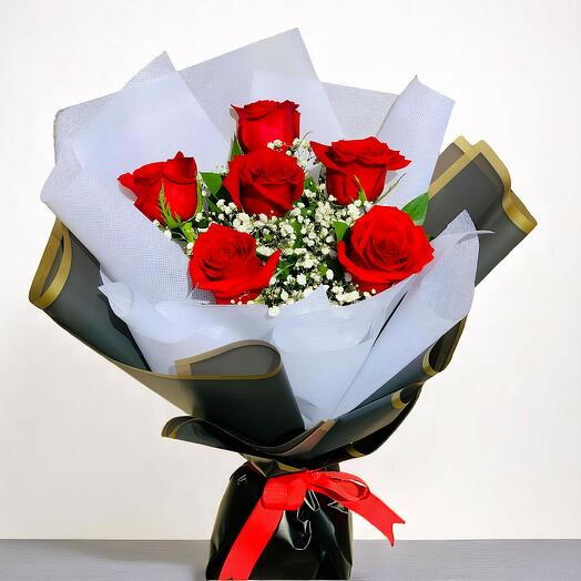 06 Red Roses with White and Black Paper Wrapping Buquet