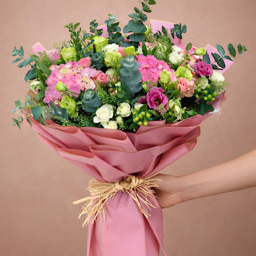 Pink Magic Bowl - Stunning Floral Arrangement with Pink Hydrangea, Roses, Alstroemeria, Veronica, and Greenery